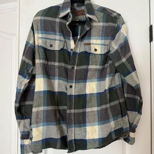 Orvis Plaid Flannel Shirt Pockets Button Down Shacket Outdoor Blue White Gray